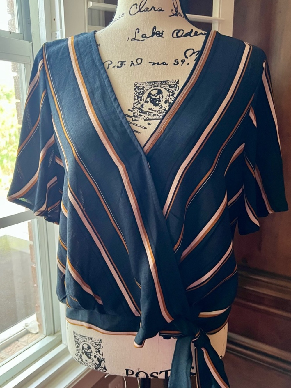 Xhilaration Navy Wrap Blouse with Pink and Tan Stripes